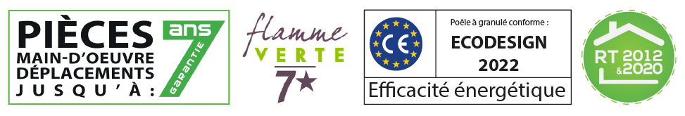 Les Poêles à granulés Pil'Poêle Dijon-Quetignysont certifiés et garantis - RGE, garantie 7, Flamme verte, RT 2012 et éligibles à MaPrimeRénov/CEE